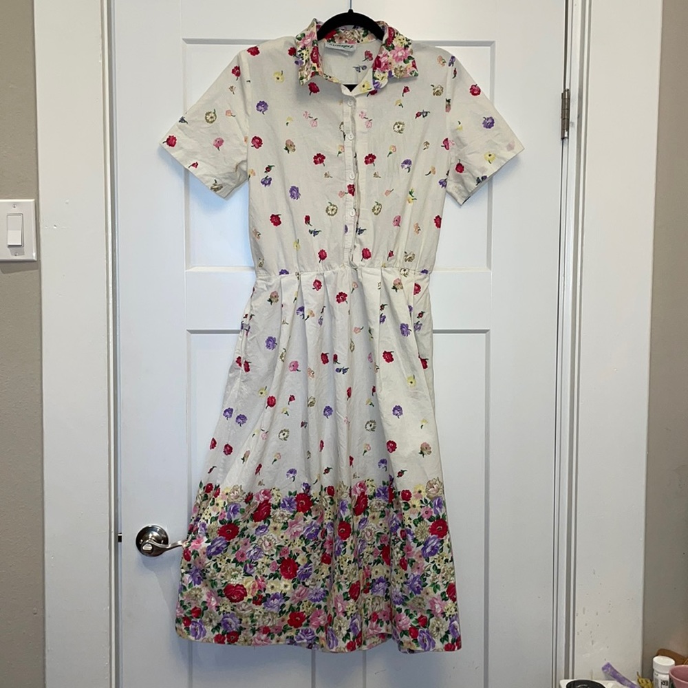 Vintage Floral Button Down Short Sleeve Dress with Pockets